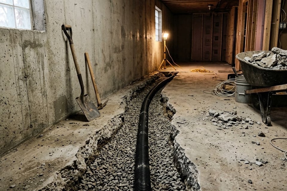 Interior perimeter drain being installed — basement slab cut open at the foundation wall, drain pipe bedded in washed stone