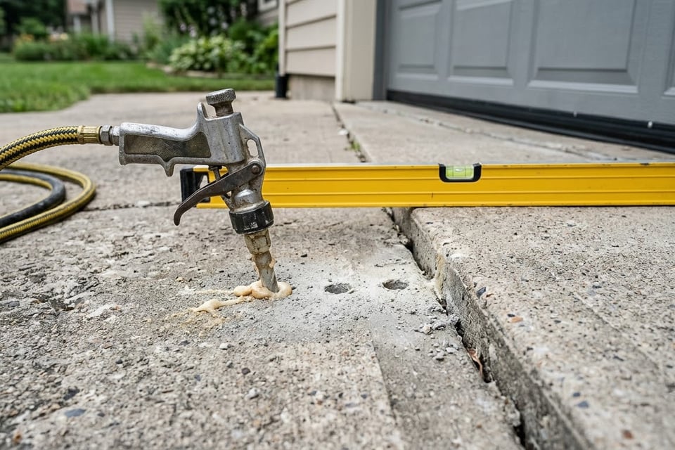 Polyurethane foam concrete leveling — injection gun seated in a small drilled port on a sunken driveway slab