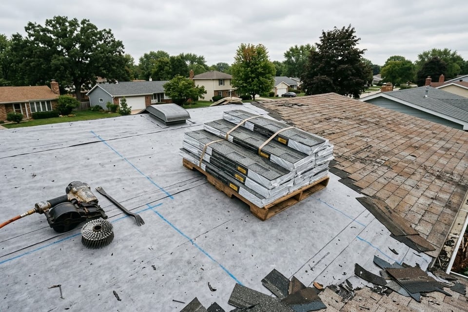 Roof replacement in progress — one slope stripped to synthetic underlayment with shingle bundles staged, the other slope still carrying old shingles