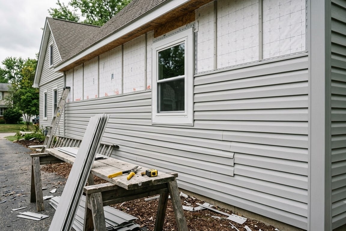 Vinyl siding installation in progress — lap panels rising up a house wall over house wrap, J-channel trimmed around a window