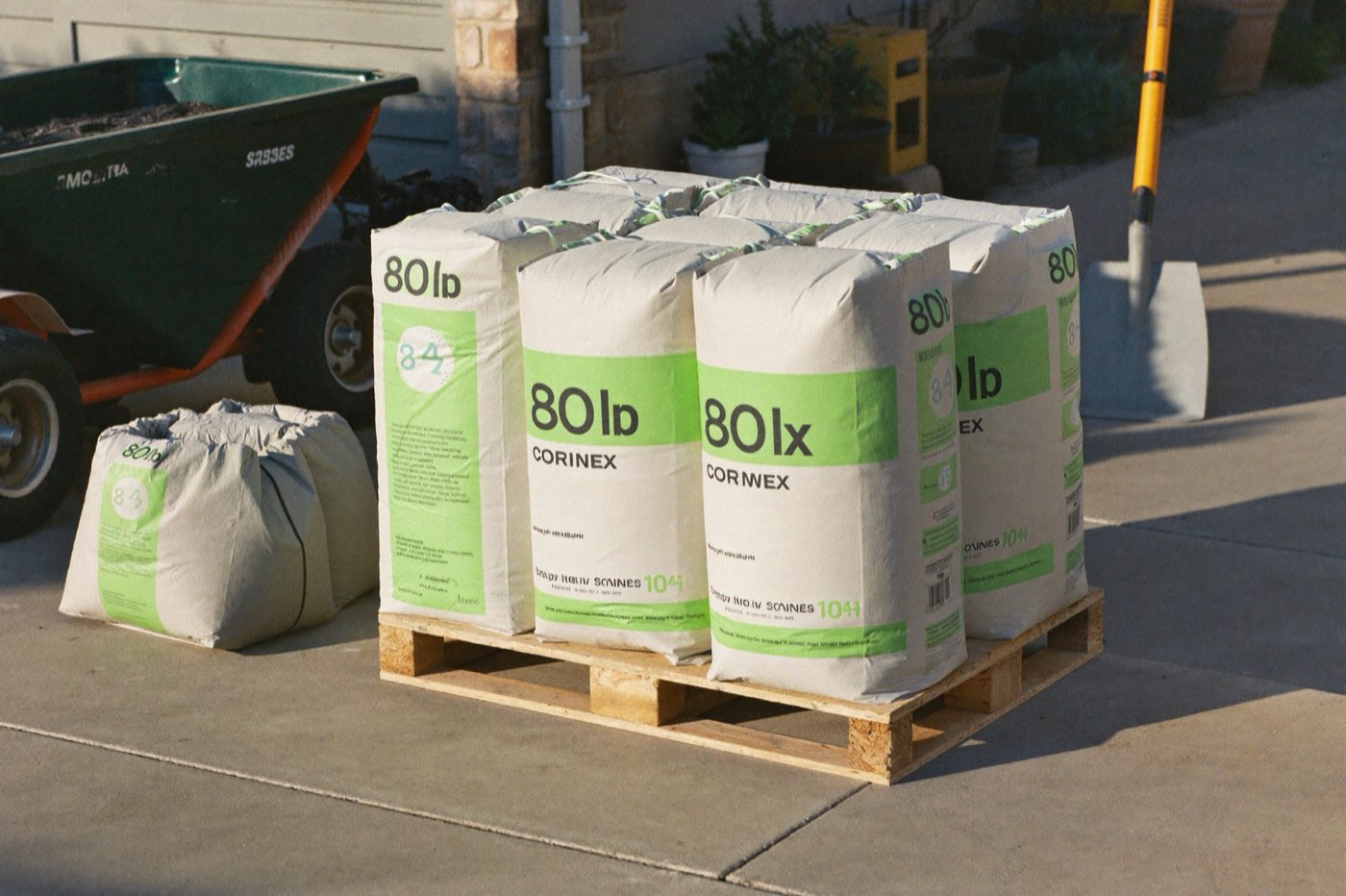 80-lb bags of concrete mix stacked on a pallet with a wheelbarrow — bagged concrete for small slabs and post holes