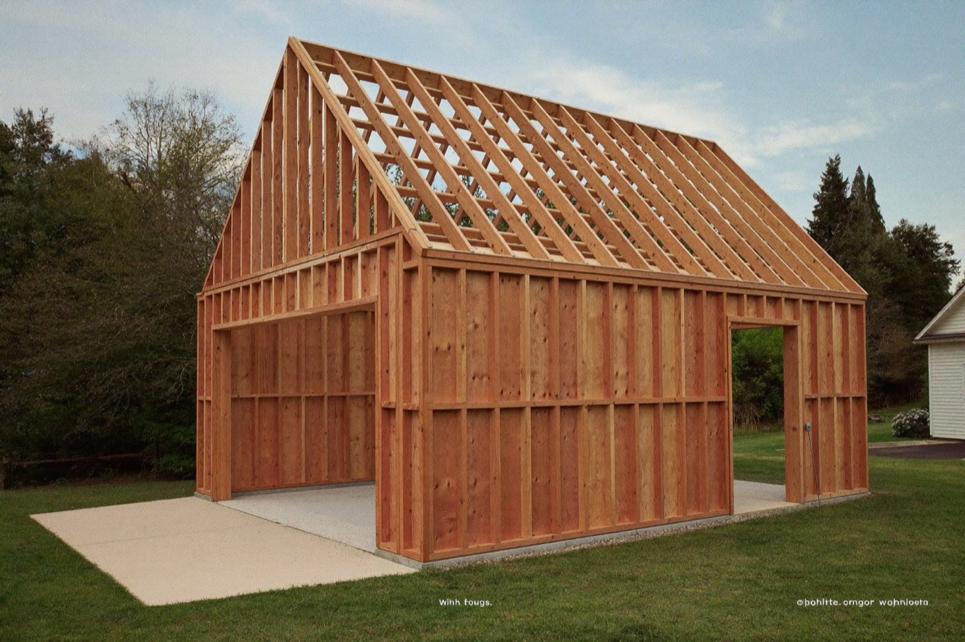 Detached two-car garage under construction with stud framing and trusses on a fresh slab — cost to build a garage priced by assembly