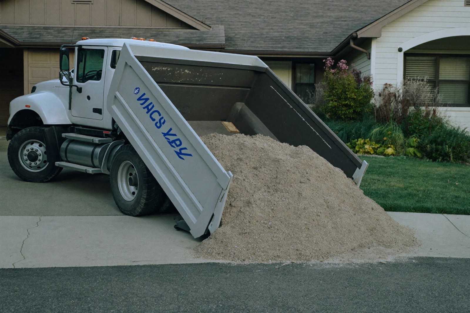 Dump truck delivering a pile of crushed gravel to a residential driveway — bulk gravel is sold by the cubic yard or ton