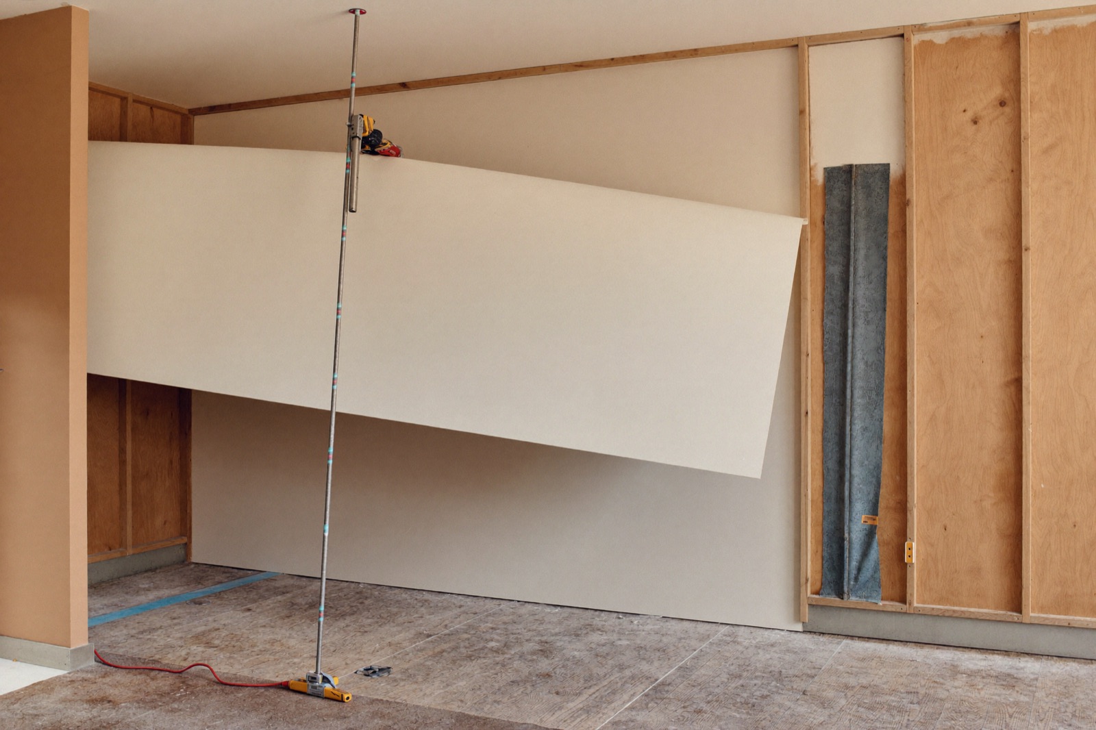 Hanging a drywall sheet on a wood-framed wall — a drywall calculator counts sheets by panel size